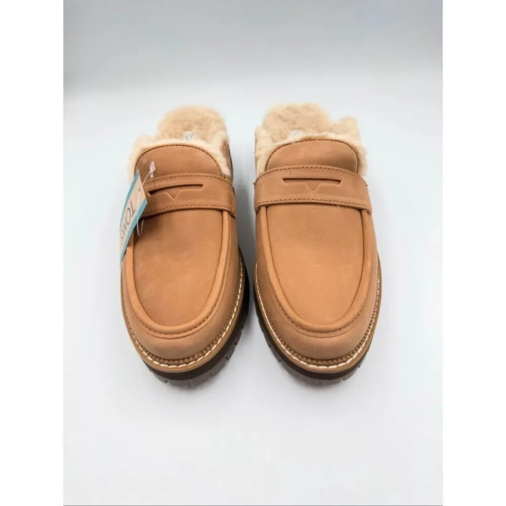 NIB TOMS Women's Cara Cozy Fur Lined Lug Sole Tan Suede Loafer Mule size 8.5